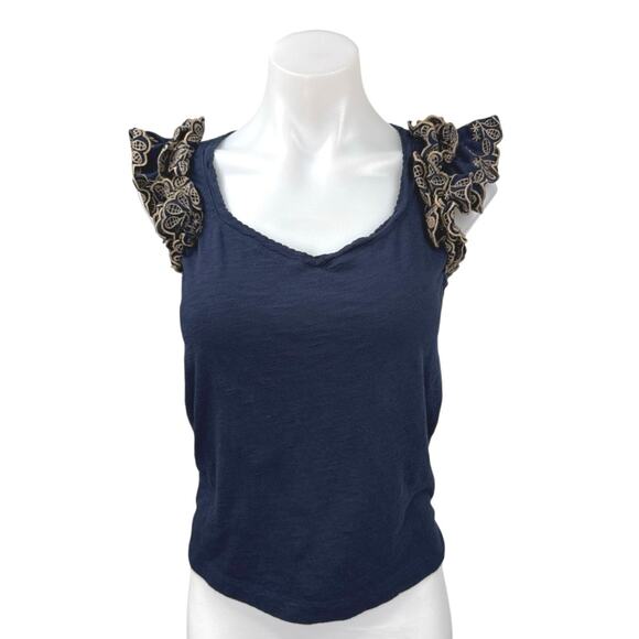 Democracy Women's Blue Embroidered Ruffle Sleeve Knit Shirt Blouse Top Size S - Picture 1 of 4